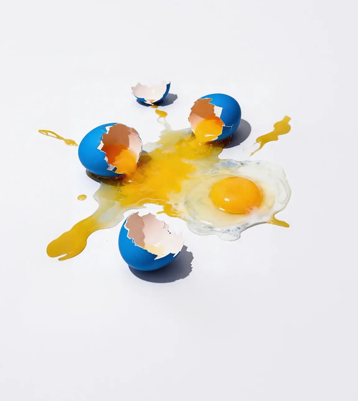Broken blue eggshells with spilled raw egg yolk and white on a white surface.
