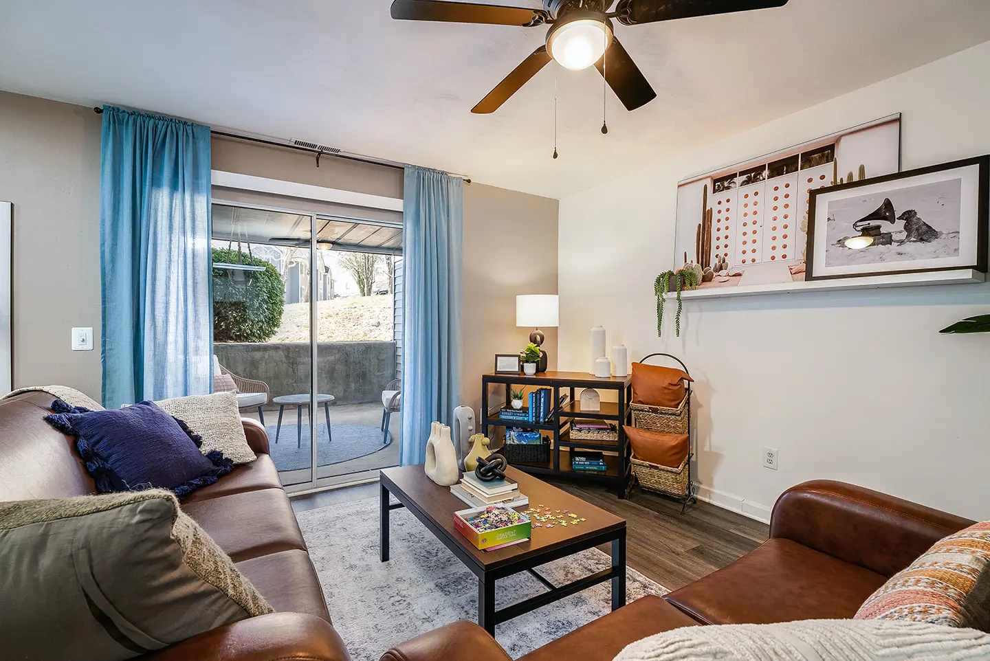 Furnished living room with large windows