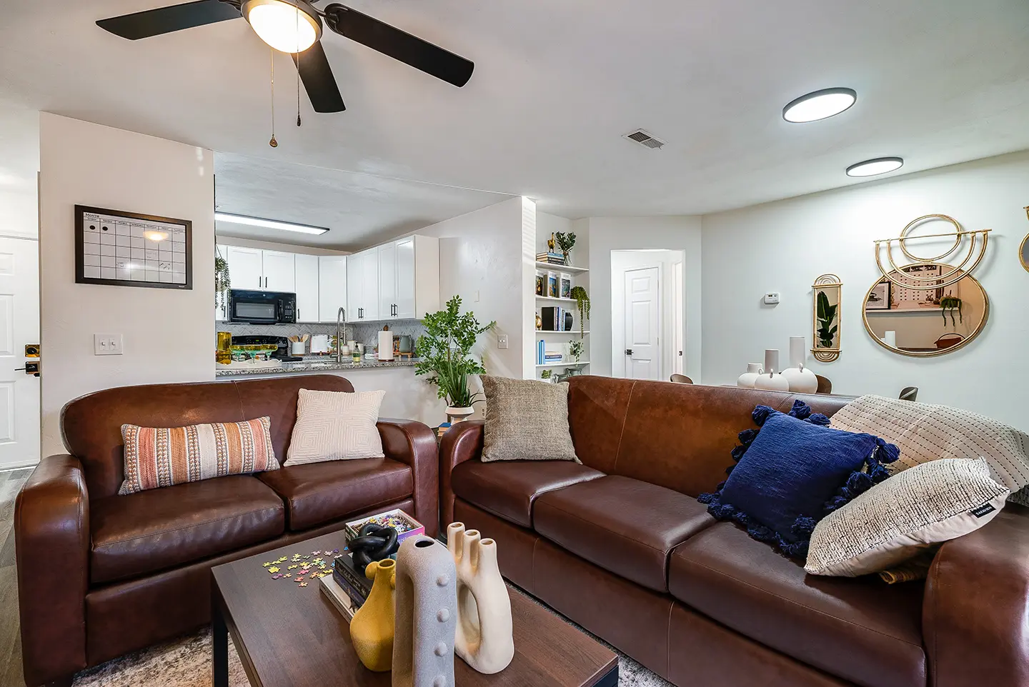 Furnished living room with a leather sofa
