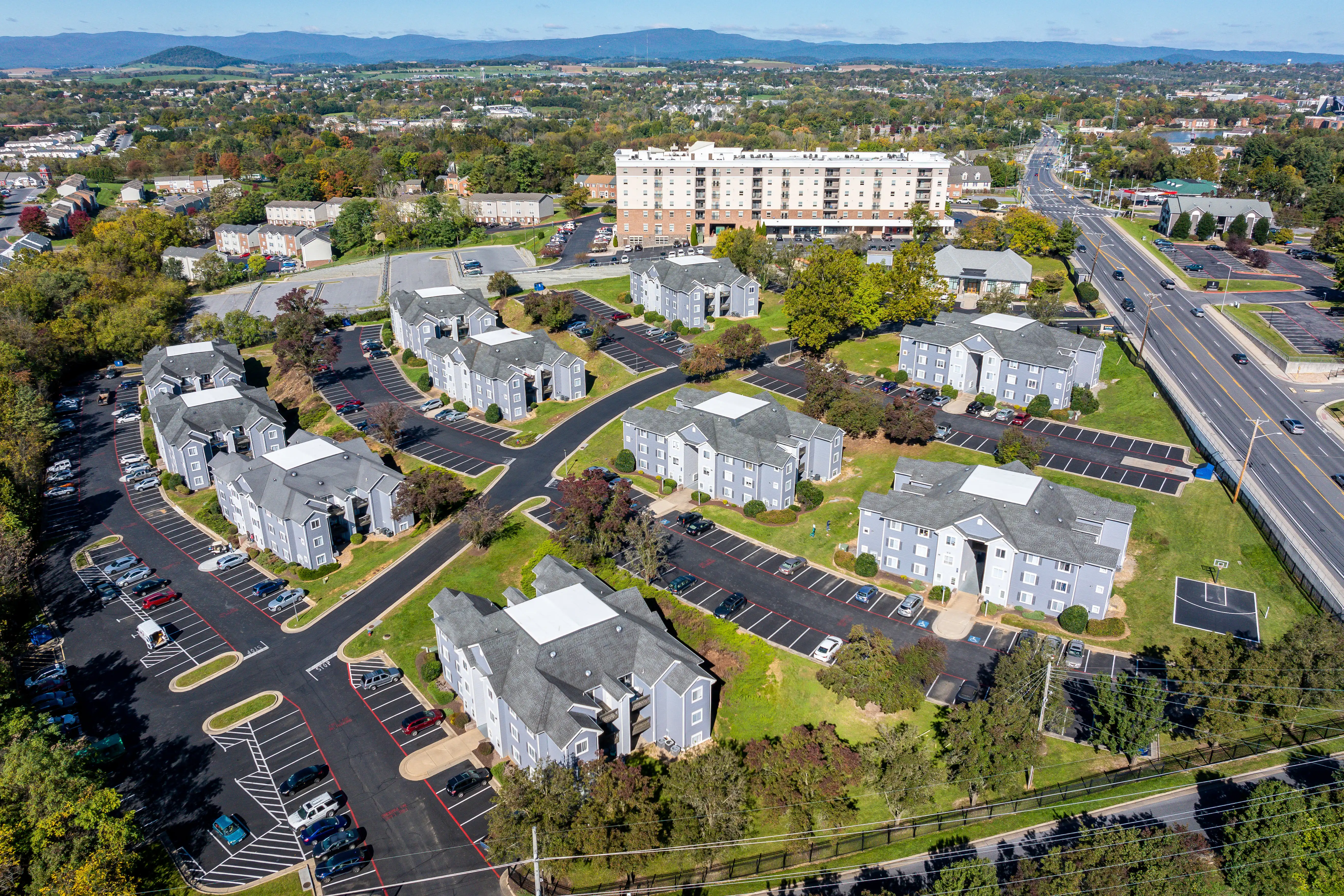 Aerial view of The Hills Northview apartment community in Harrisonburg