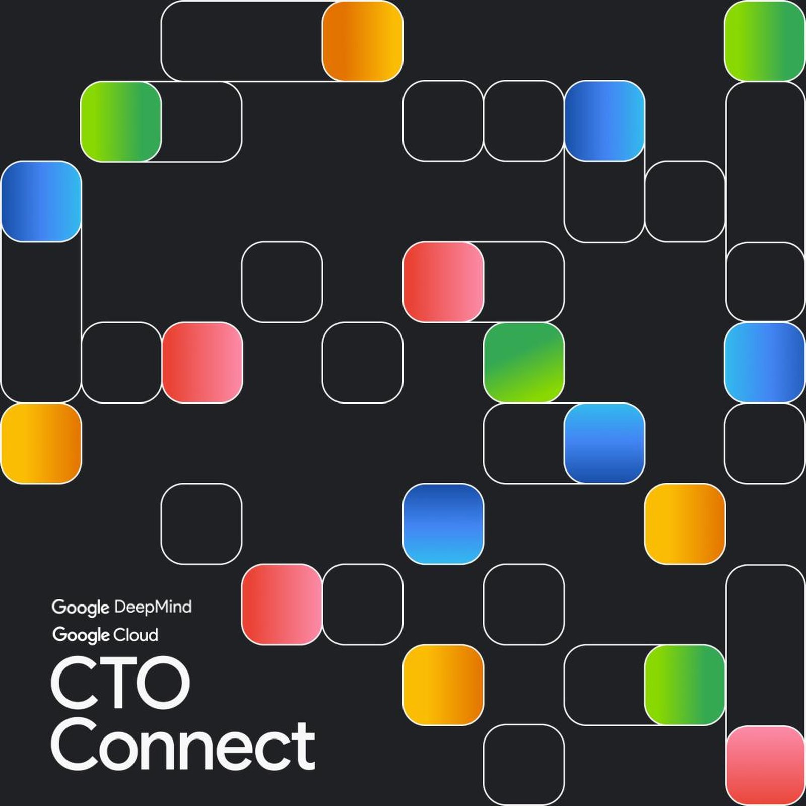 CTO Connect key visual by Google Cloud and Google DeepMind: colourful rounded tiles on a dark grid