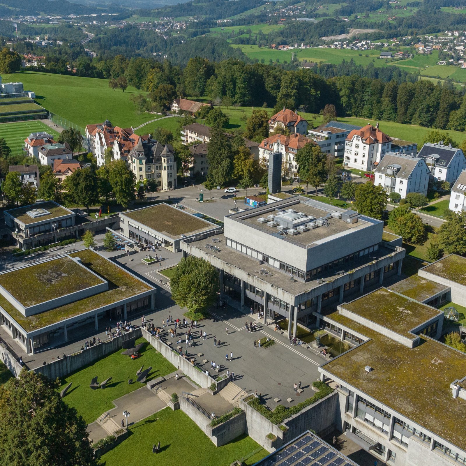 Aerial view of the University of St.Gallen main building and campus in St.Gallen, Switzerland