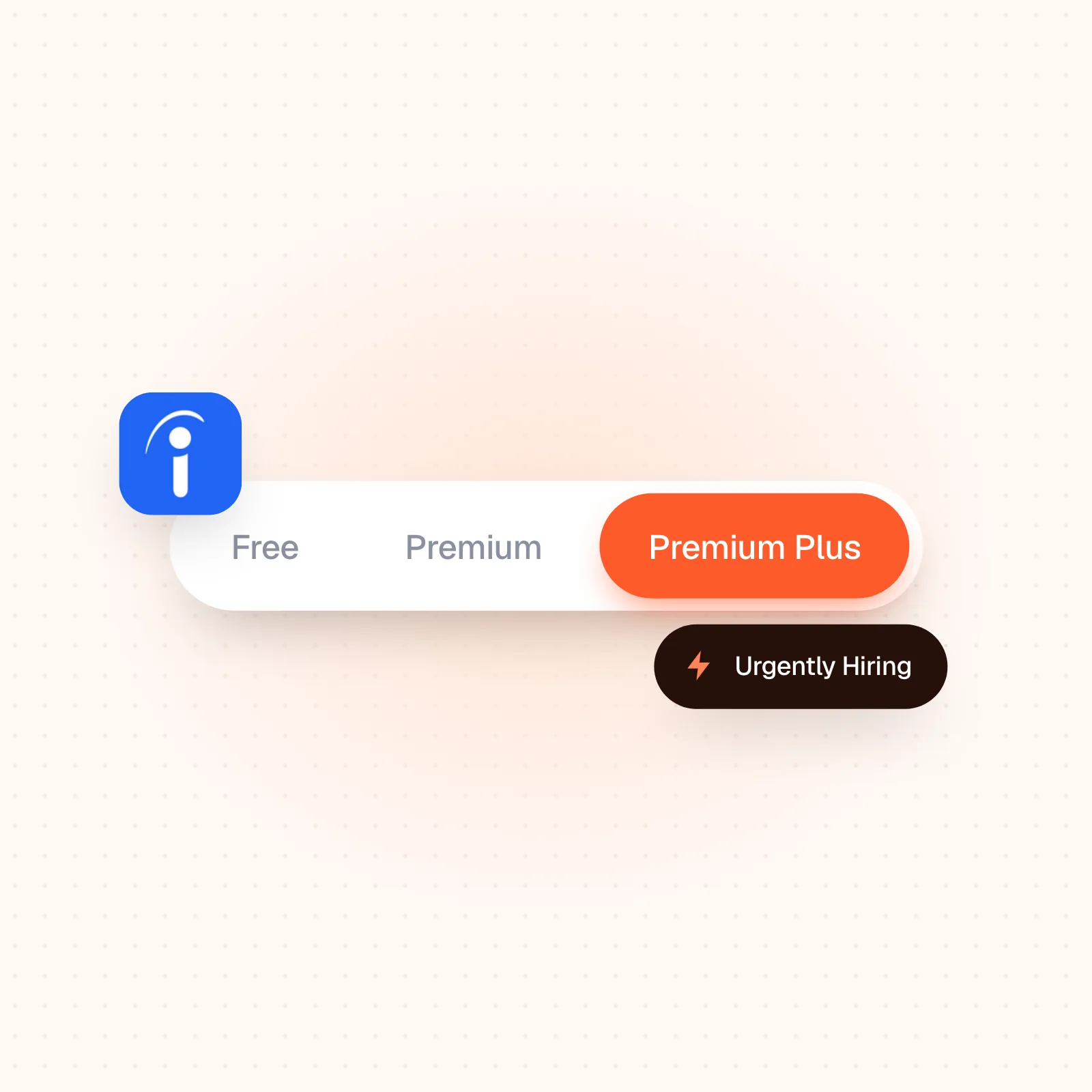Toggle with Free, Premium and Premium Plus, Premium Plus selected, next to the Indeed logo and an Urgently Hiring label