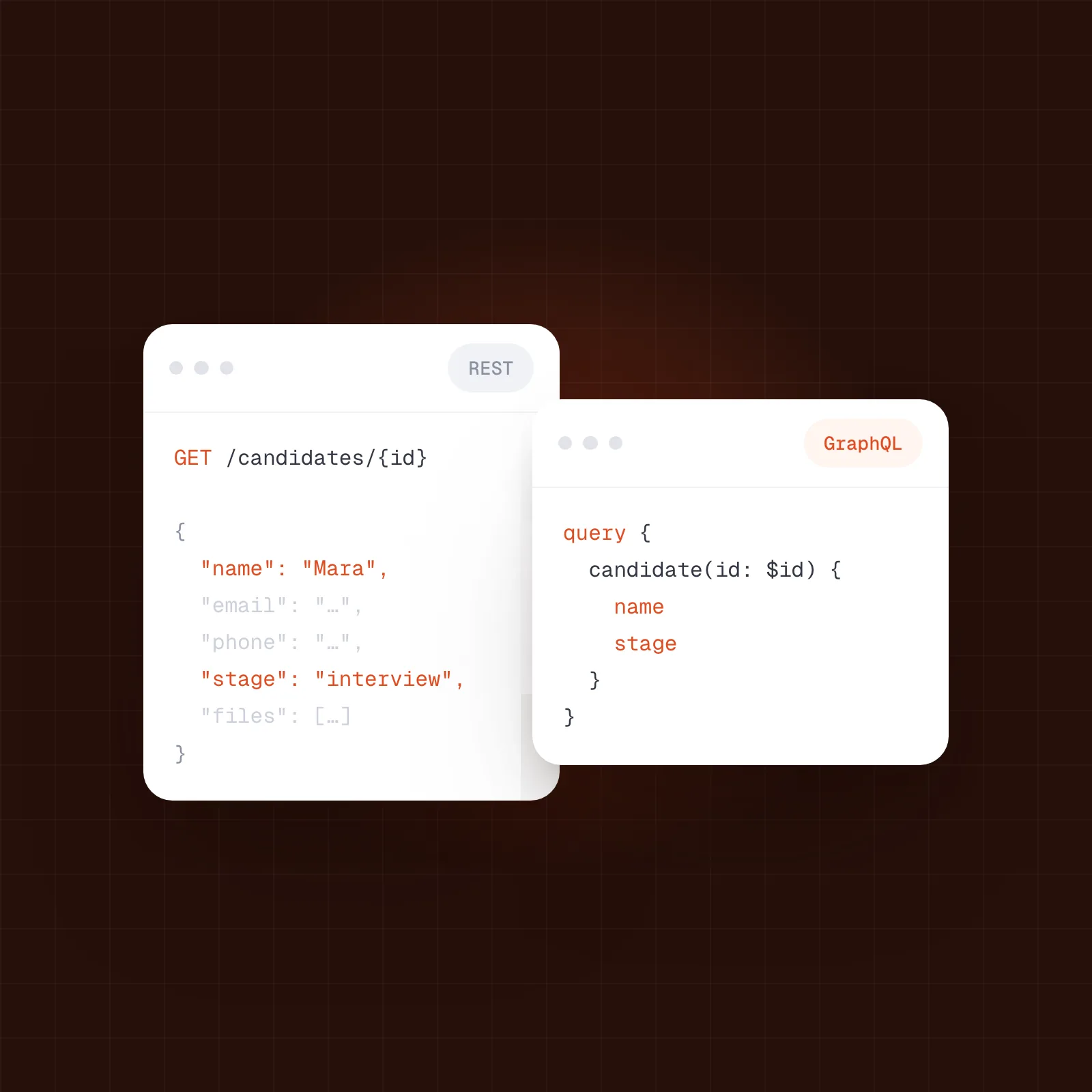 Two code windows: a REST request that returns many candidate fields next to a GraphQL query that asks only for name and stage