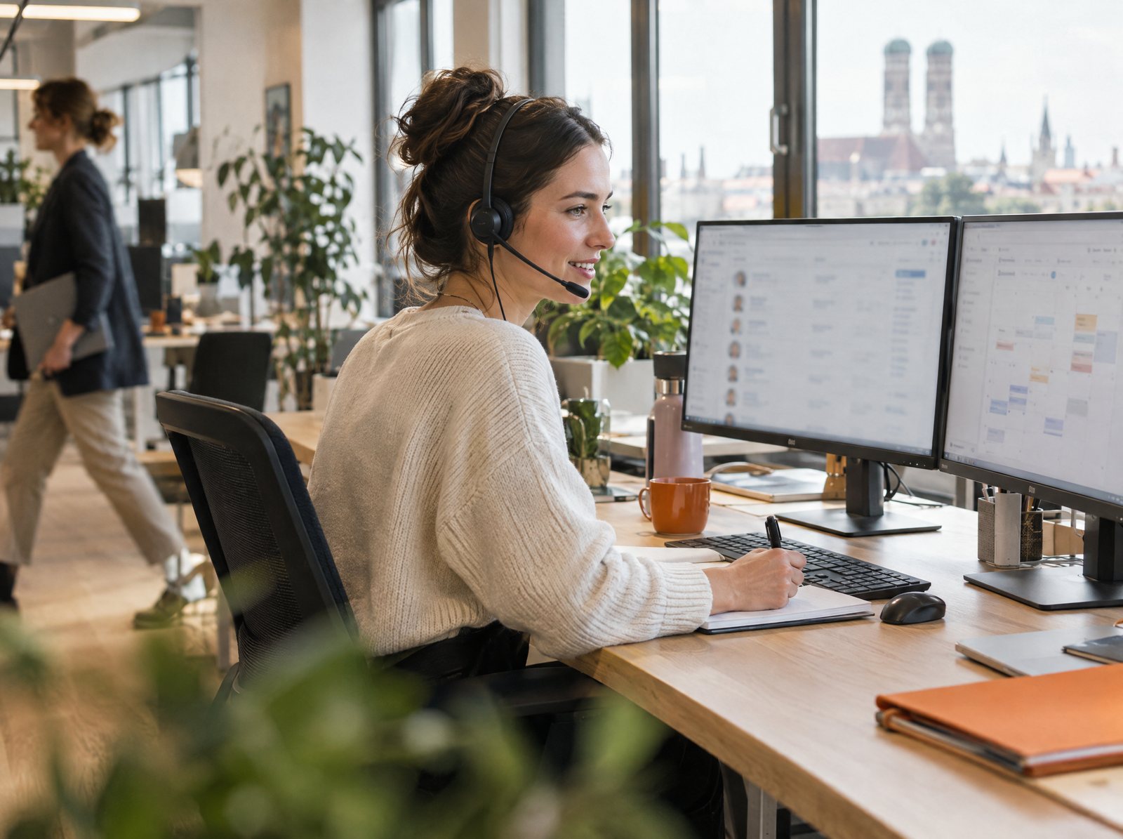 Recruiter at an agency desk on a call with a candidate