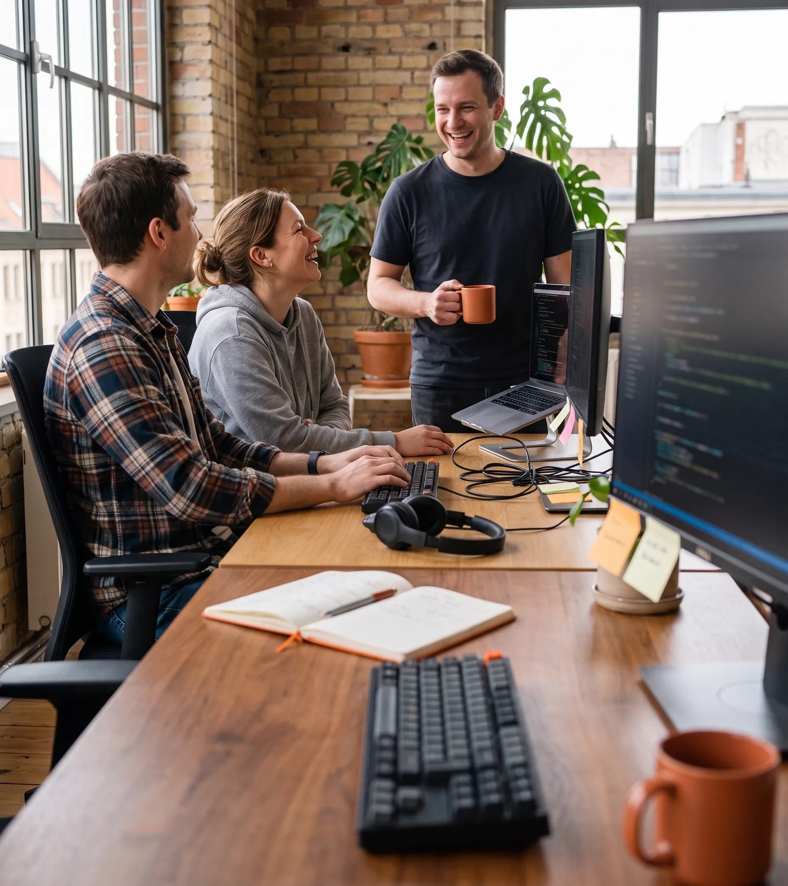 Engineering team reviewing code together at their desks