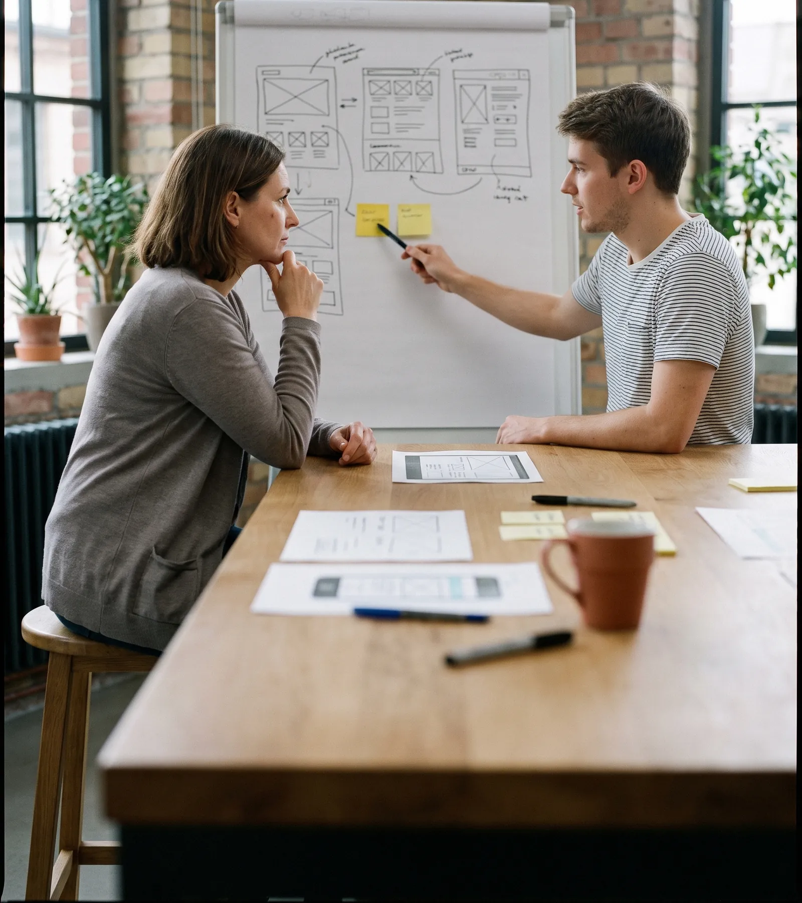 Product manager and designer talking through wireframes at a whiteboard