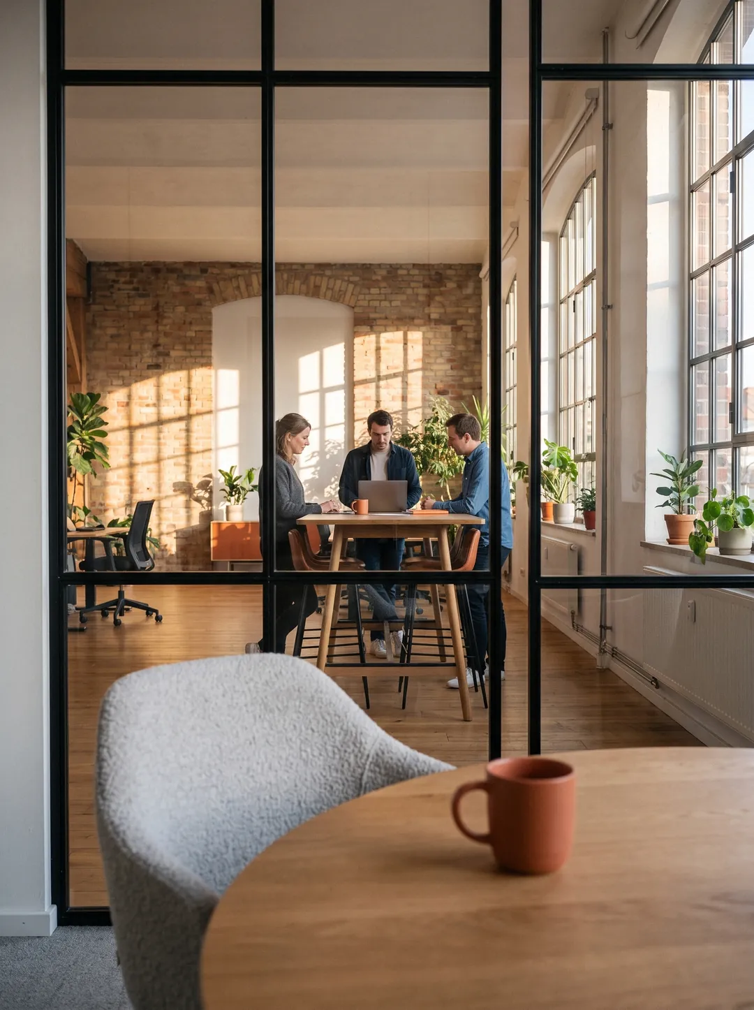 Open-plan office seen through a glass wall