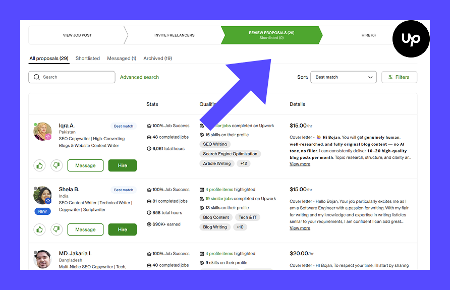 Upwork job post with proposals from freelancers to review before hiring