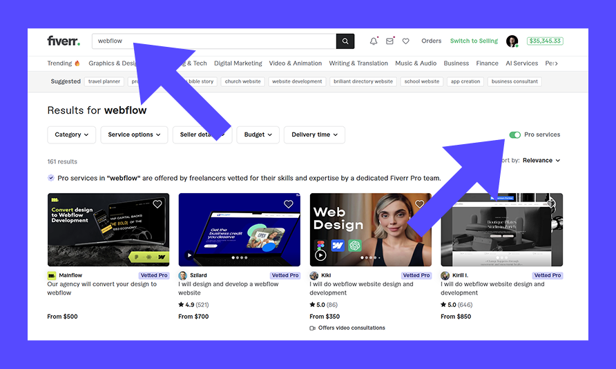 Fiverr search for webflow with the search bar and Pro services filter highlighted