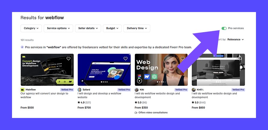 Fiverr search results for webflow with the Pro services filter turned on