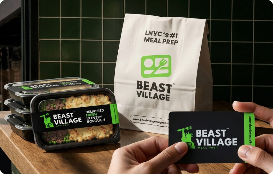 We tested the identity on meal containers, delivery bags, storefront signage and business cards, then packaged a brand guide to keep it consistent.