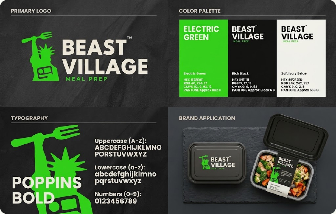 A punchy palette of Electric Green, Rich Black and Soft Ivory Beige, paired with bold Poppins typography and a full logo family: primary, stacked, submark and icon.