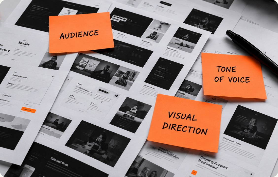 We defined the audience, tone of voice and visual direction on a moodboard of web and UI references. The goal was a confident, modern and approachable brand for B2B decision-makers.
