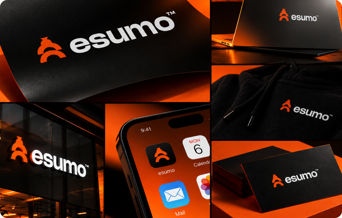 We applied the identity across business cards, the app icon and dark and orange brand surfaces. A palette of orange, purple and black plus the Calsh Display typeface keeps everything consistent.