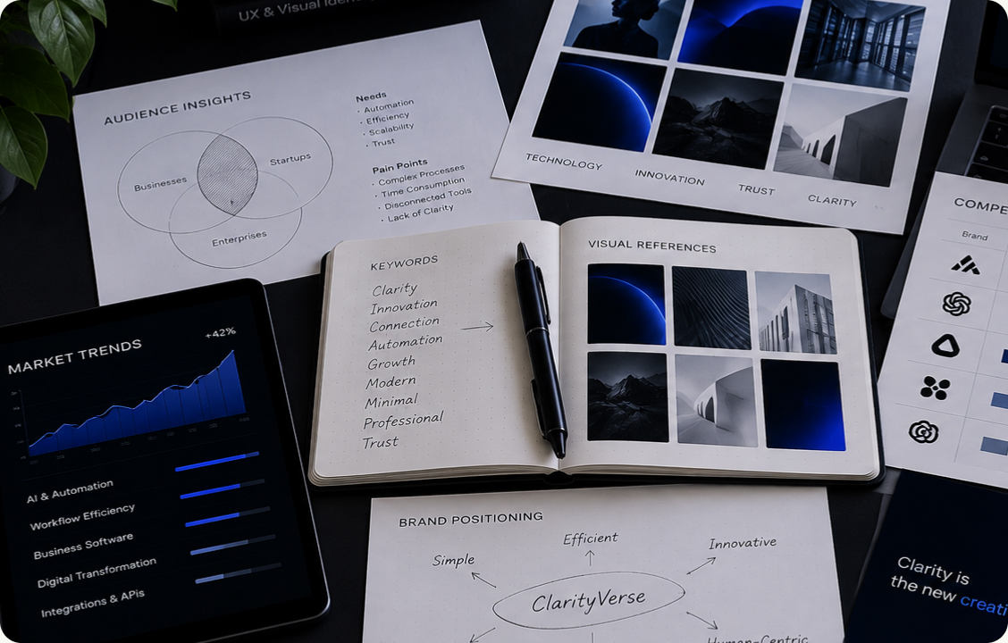We studied market trends in AI and automation, mapped competitor positioning and defined where ClarityVerse could stand out. The insight was simple: in a noisy market, clarity itself is the differentiator.