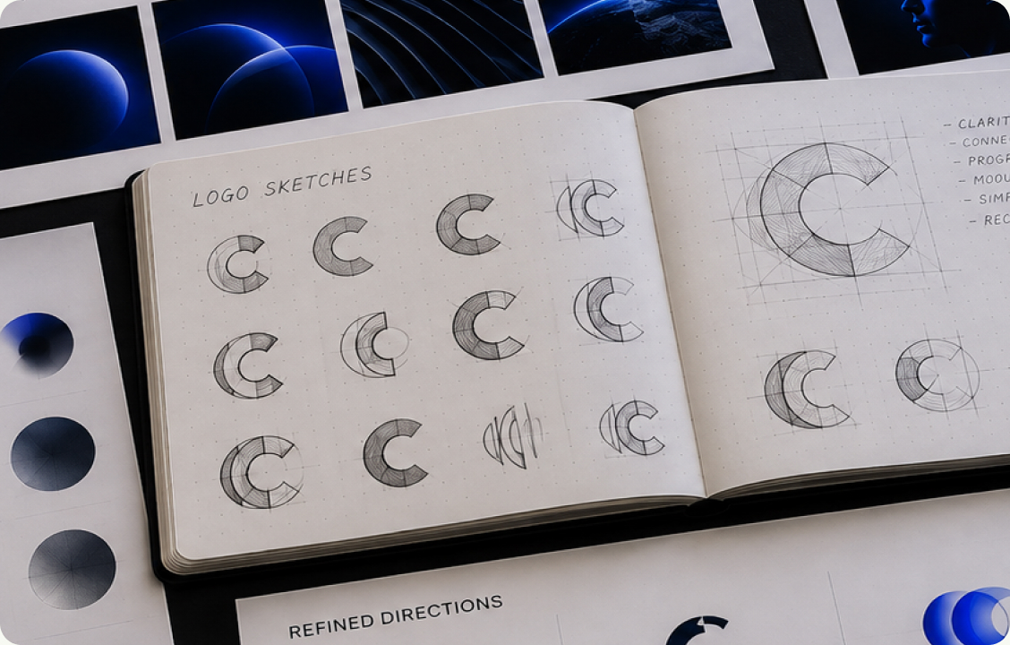 We sketched many variations of the letter C and refined the strongest ones into a bold, abstract symbol built from layered curves. It reads as a lens and an orbit, which fits "clarity" and a "verse" of connected solutions.