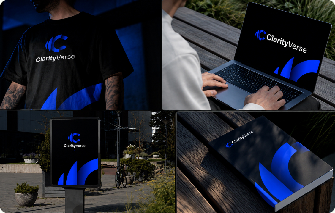 We applied the final identity across apparel, devices, signage and a printed brand book to prove it holds up in digital and physical use. Dark backgrounds with a blue glow keep every touchpoint consistent.