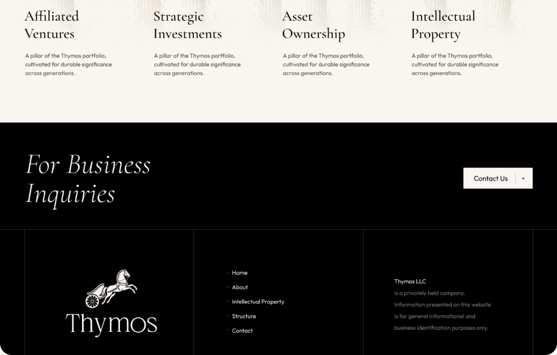 A warm ivory page with a black footer, a light serif for headlines paired with a clean sans for body text, and classical Greek imagery in soft gold-brown tones: the chariot, the temple, the columns. A slow ticker of the four pillars links the homepage sections.