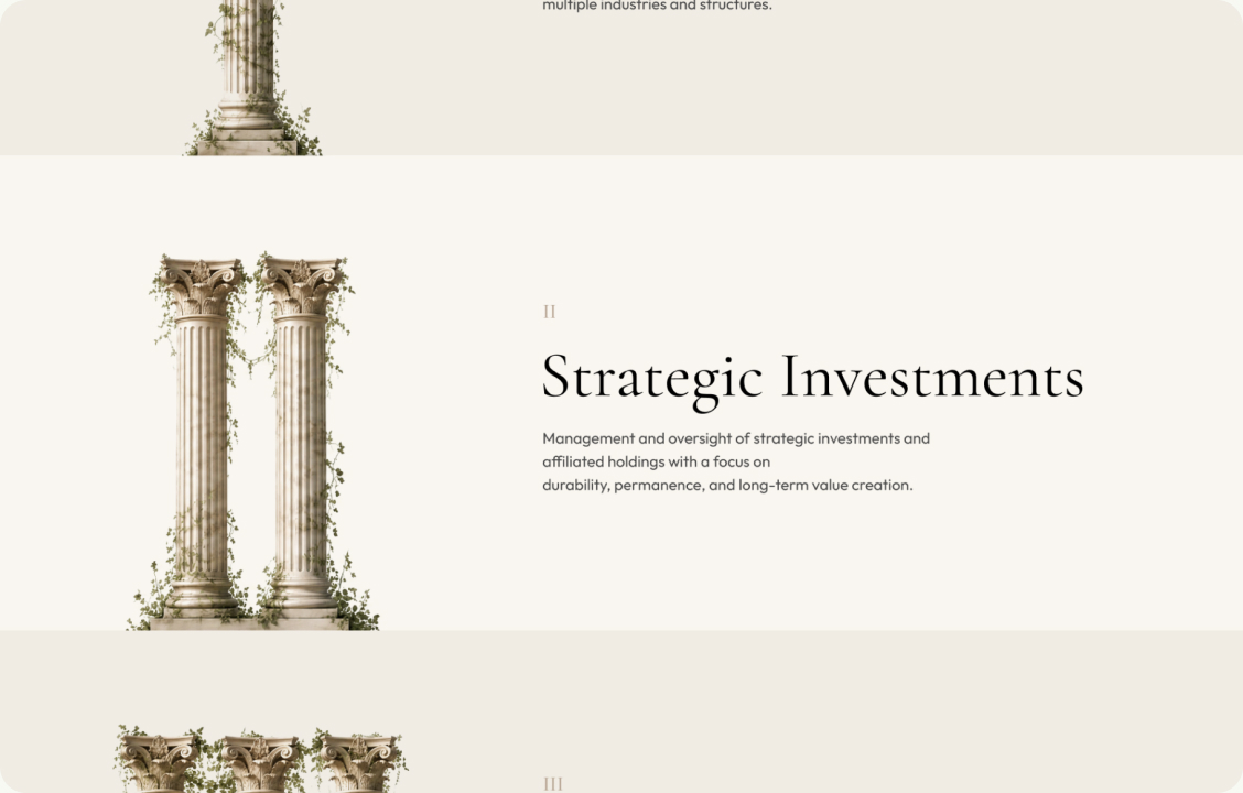 We planned a homepage plus five inner pages: About, Intellectual Property, Structure, Contact and Terms of Use. The four pillars (Affiliated Ventures, Strategic Investments, Asset Ownership and Intellectual Property) became the backbone, each marked with a Roman numeral and its own column.