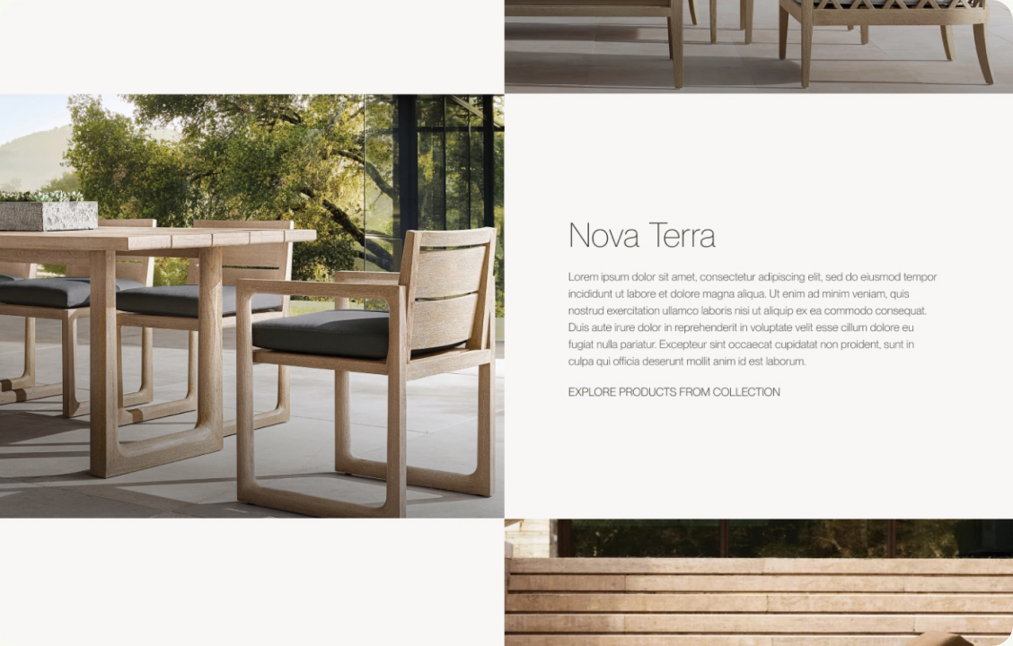 We shaped the navigation around how people shop: Collections, Aluminium, Teak, Woven, Materials, Design, Story, Catalogue, Membership and Trade. The homepage moves from hero and membership offer to Lounge, Dine and Relax categories, materials, bestsellers and projects.