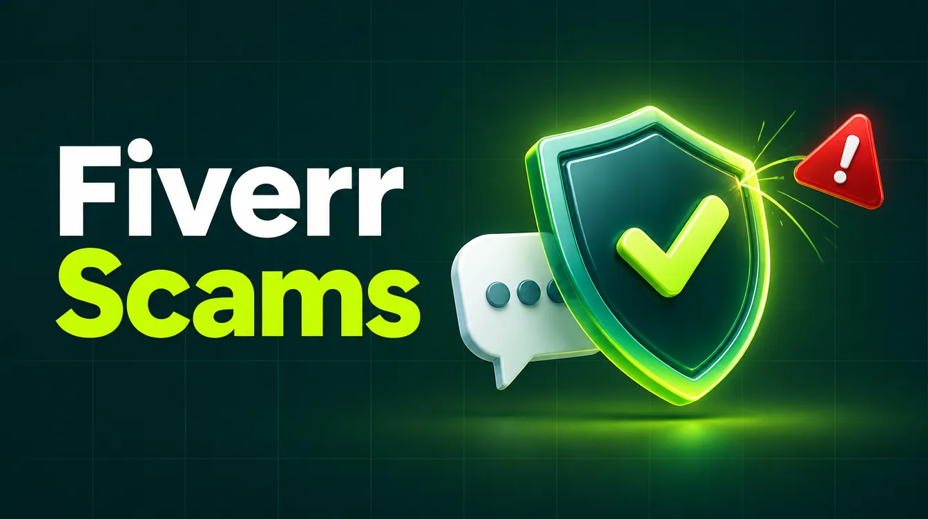 Shield protecting a chat bubble illustrating Fiverr scams