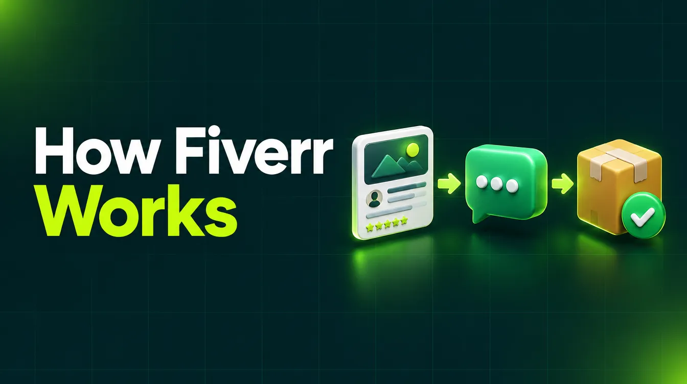 Gig, chat and delivery steps illustrating how Fiverr works