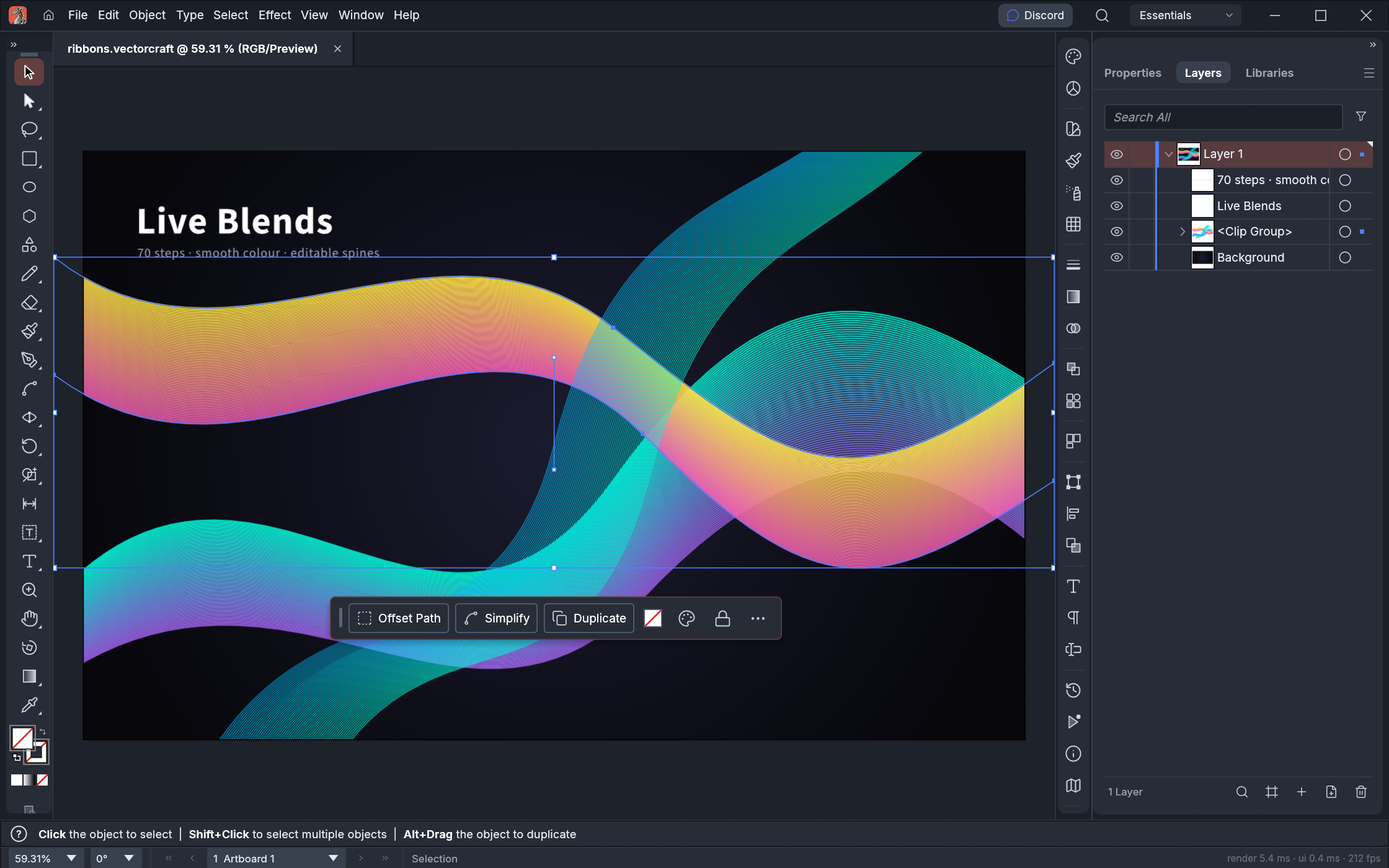 VectorCraft interface with live blend ribbons selected and the Layers panel open