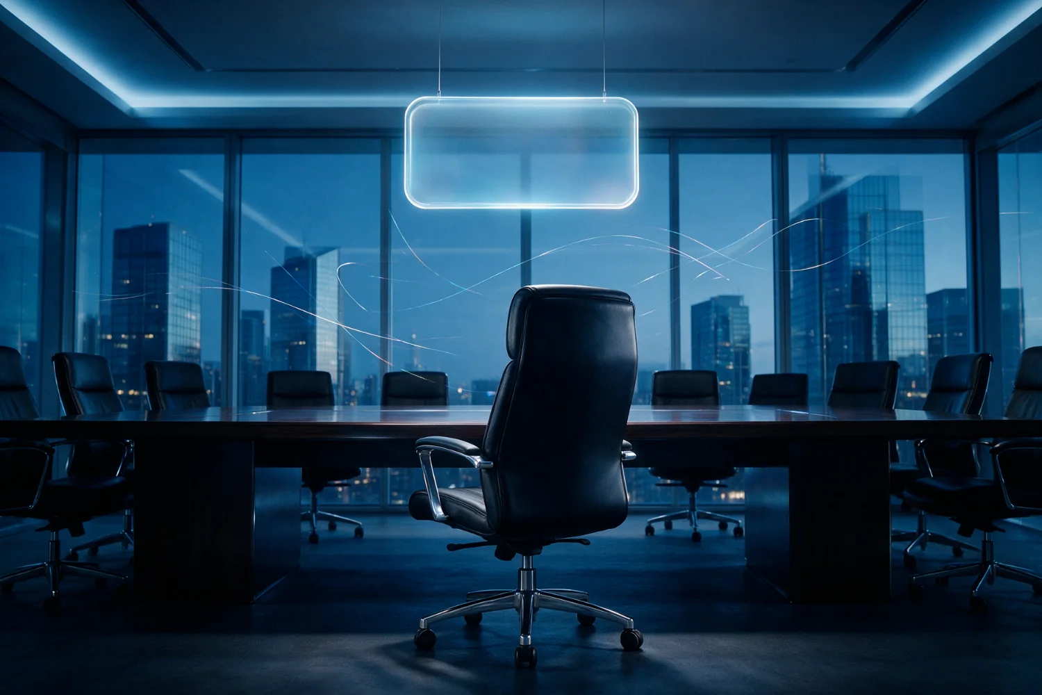 Empty executive chair at the head of a boardroom table beneath a glowing glass nameplate