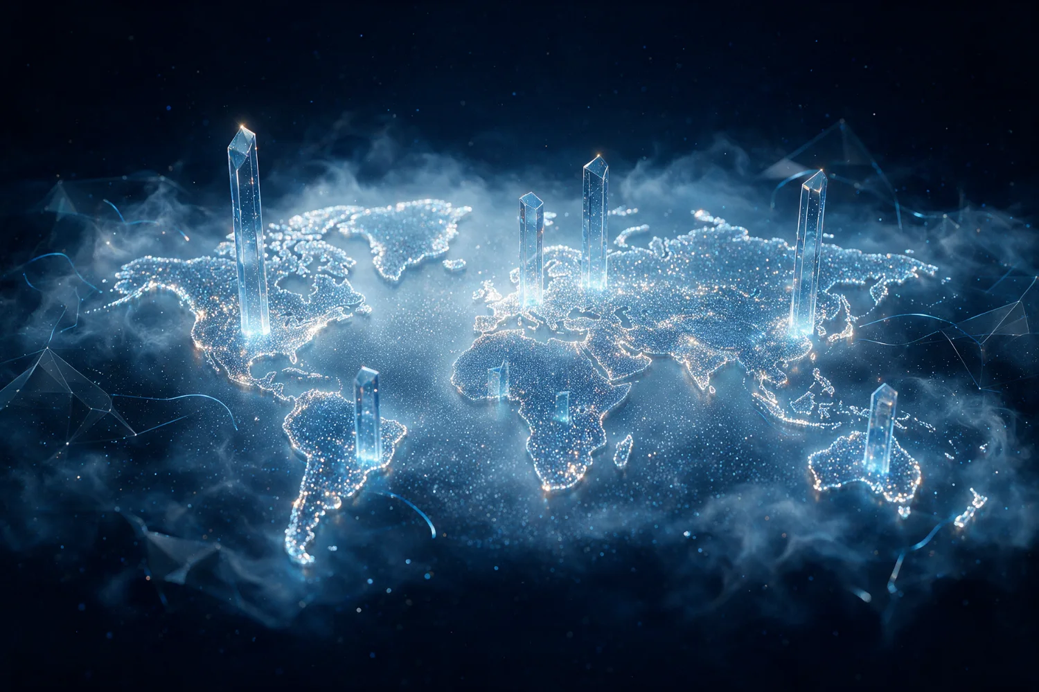 Glowing glass world map with rising light columns over regions, representing global AI talent demand