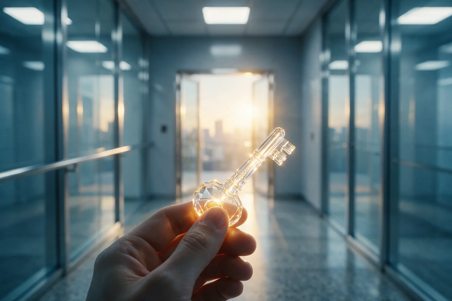 Hand holding a glowing glass key in an office corridor leading to an open door