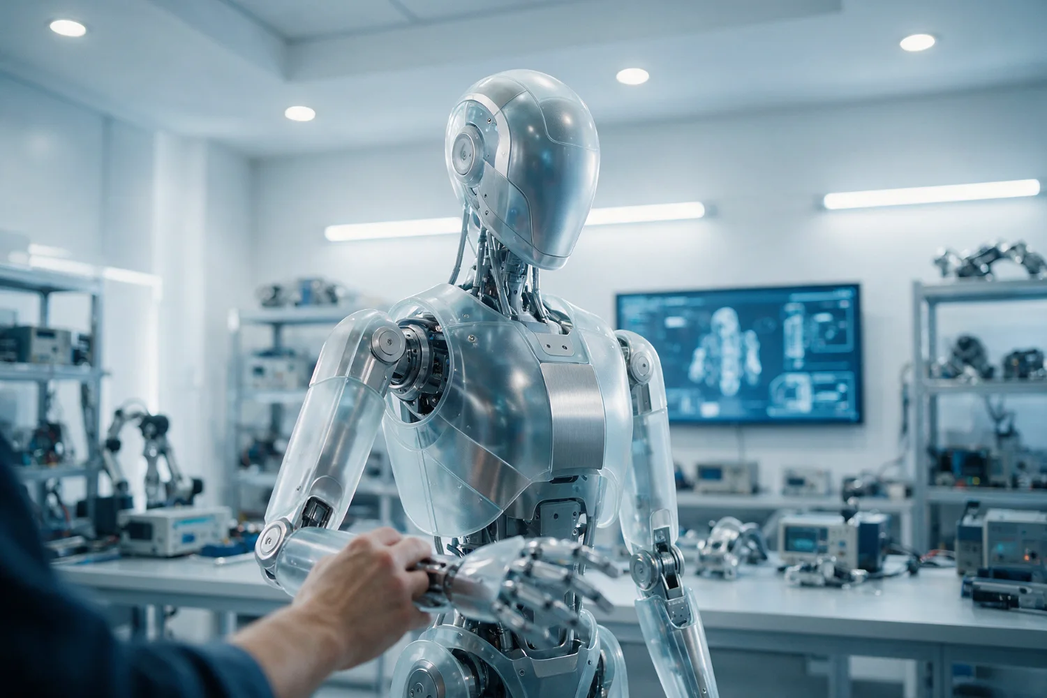 Engineer adjusting the arm of a glass and metal humanoid robot in a modern robotics lab