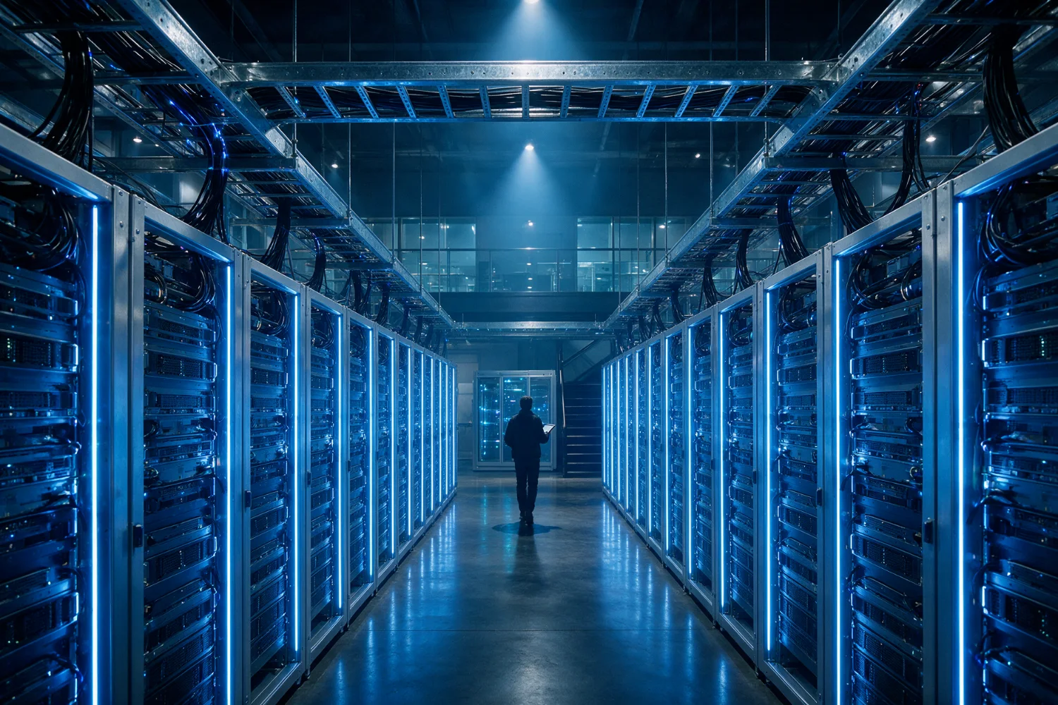 Person walking down a long blue-lit aisle of server racks in an AI data center