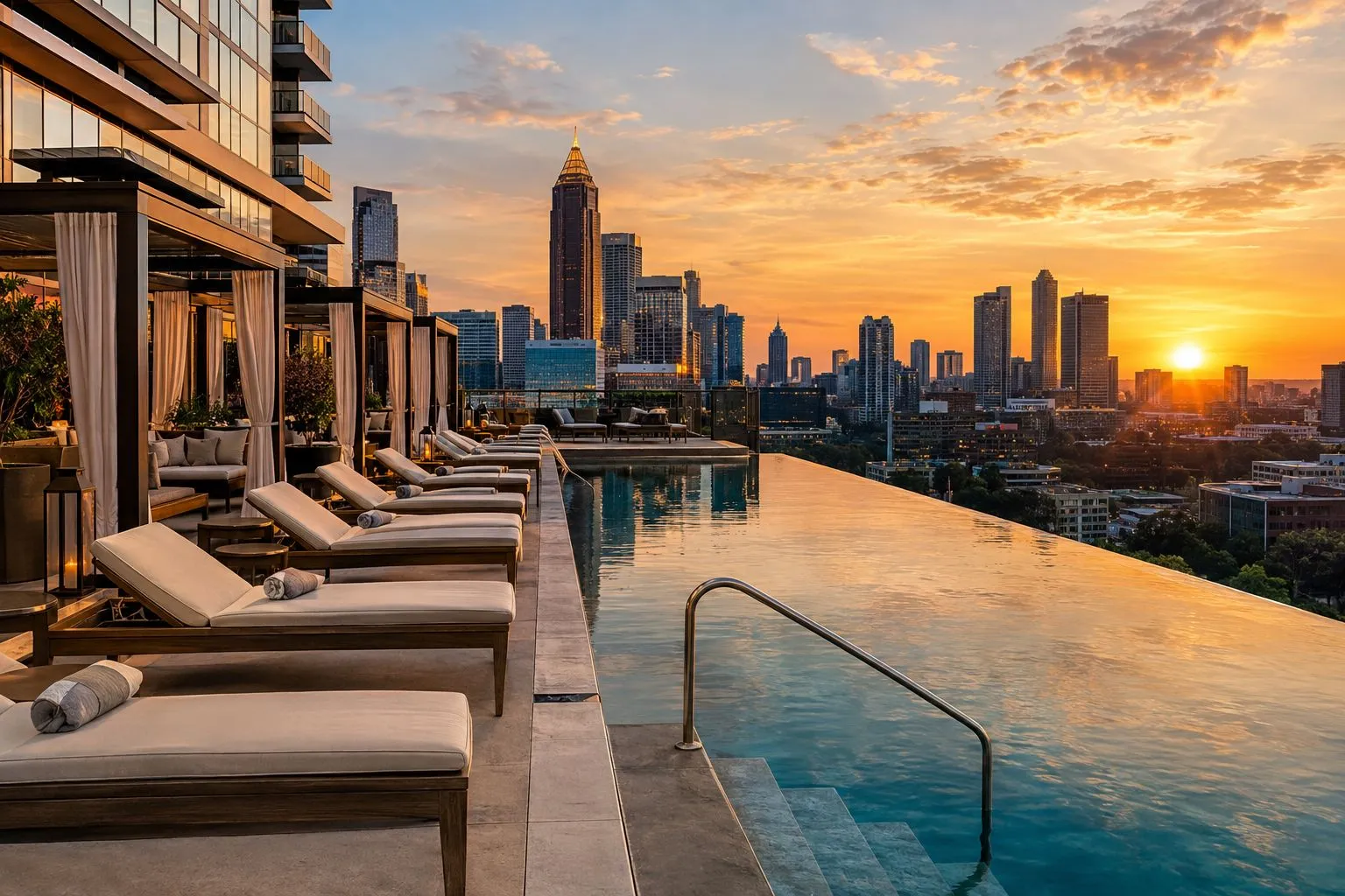 Rooftop pool and lounge chairs overlooking the Atlanta skyline at sunset
