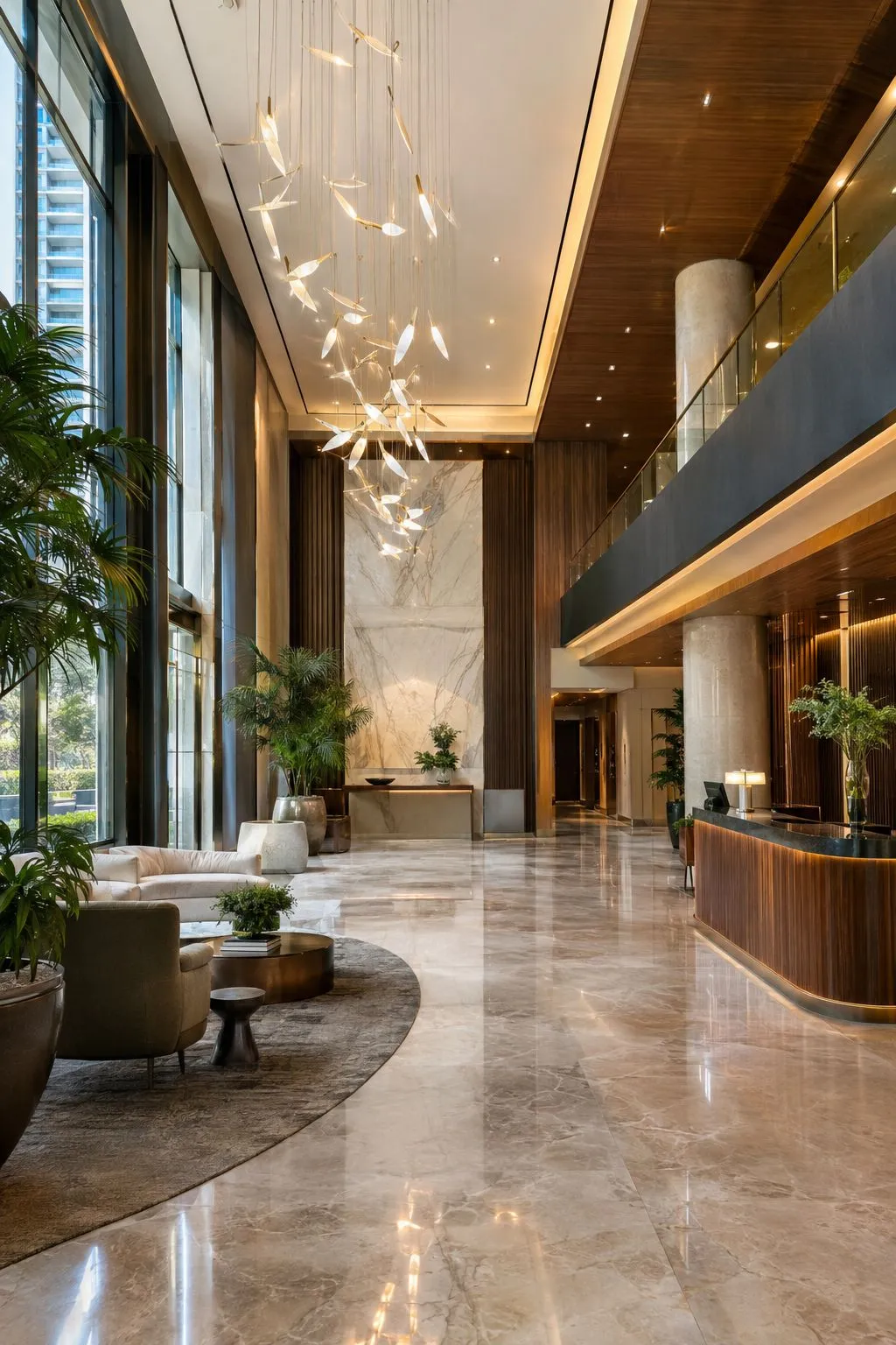 A bright condo lobby with marble floors and a sculptural chandelier