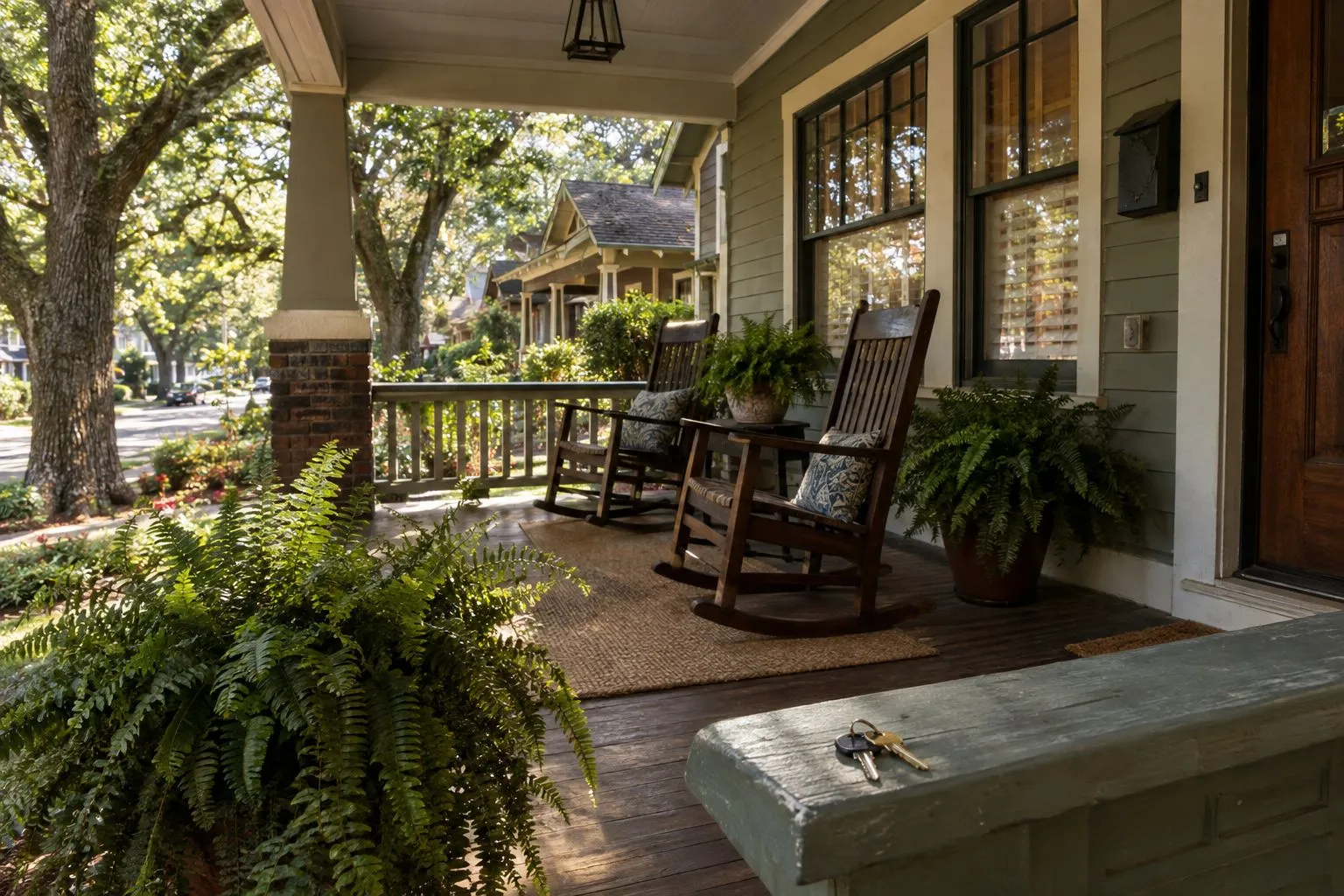 A shaded front porch with rocking chairs and ferns