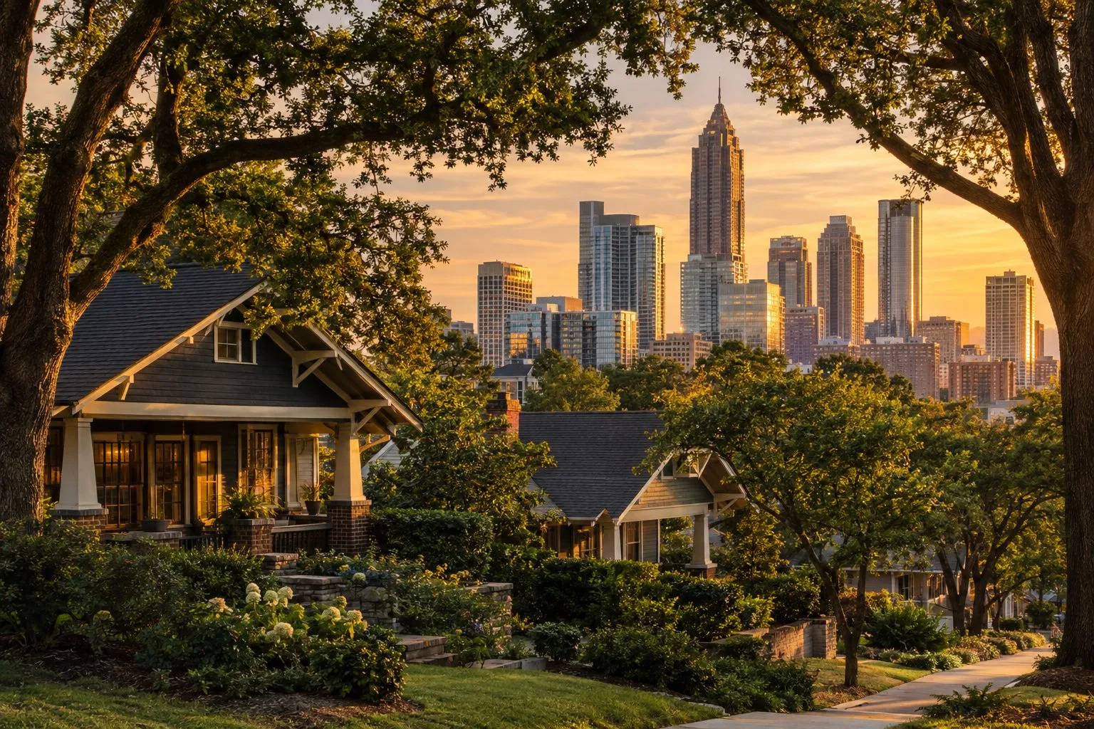 A craftsman home with a porch in front of the Midtown Atlanta skyline at sunset