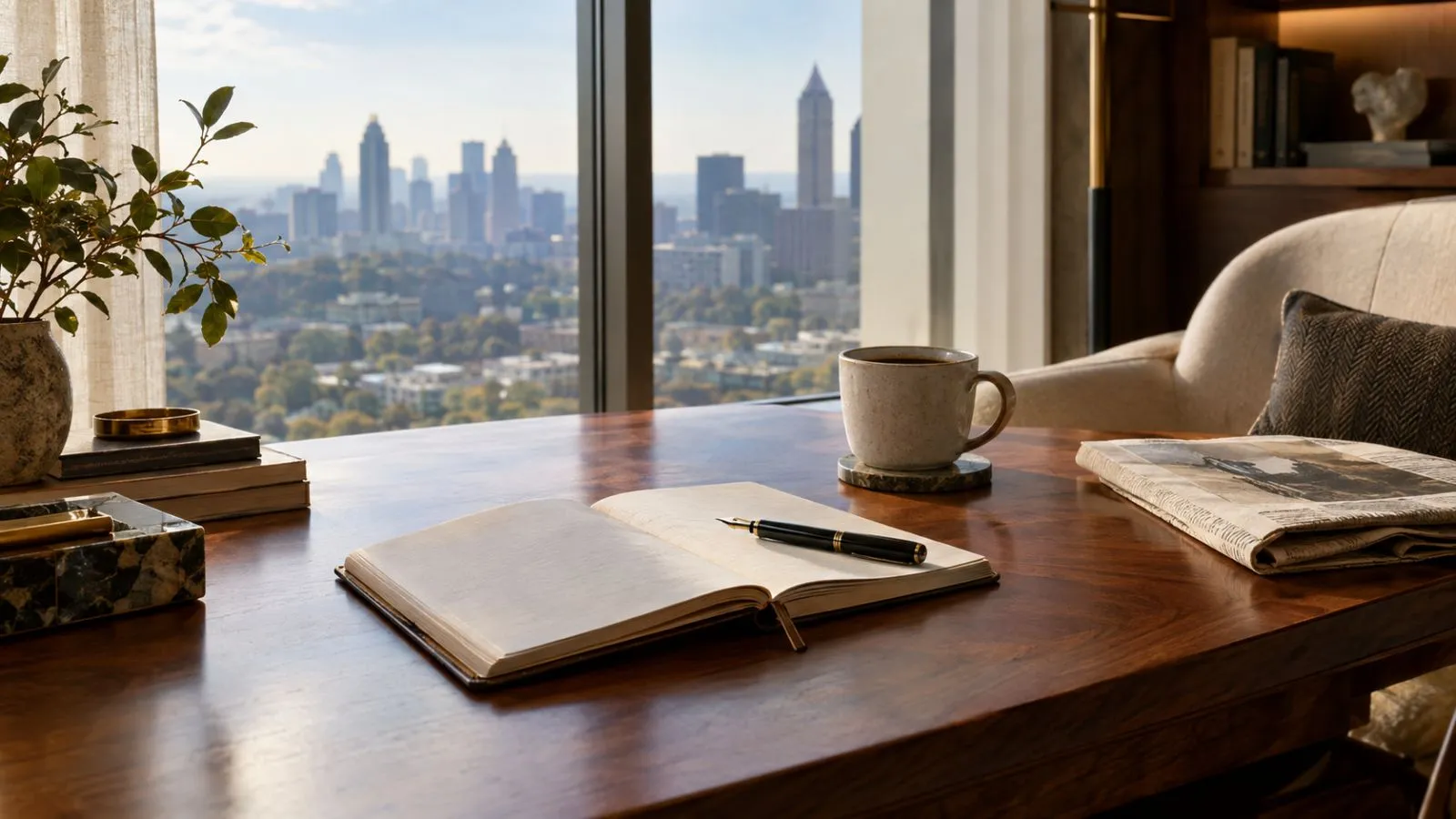 An open notebook and coffee on a desk by a window overlooking the city