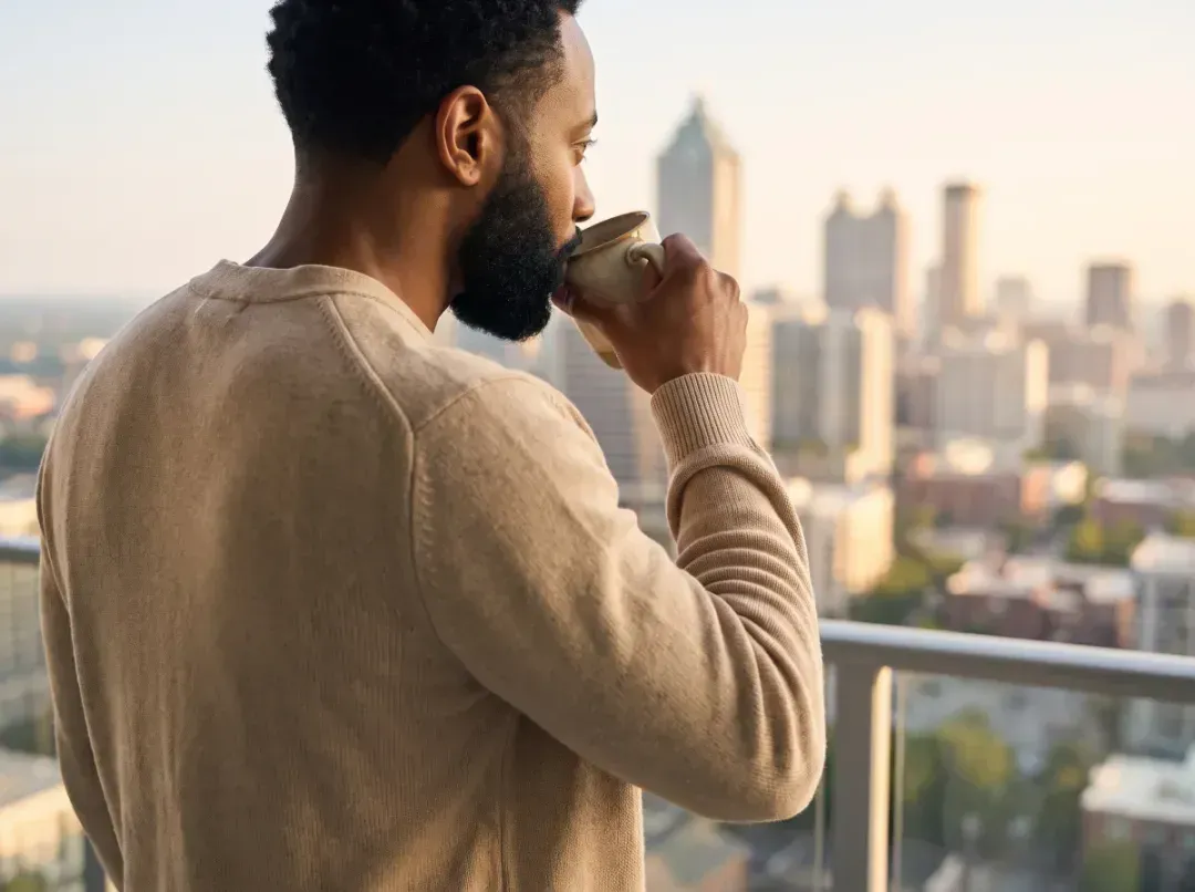 Julian drinking coffee on a balcony overlooking the Atlanta skyline