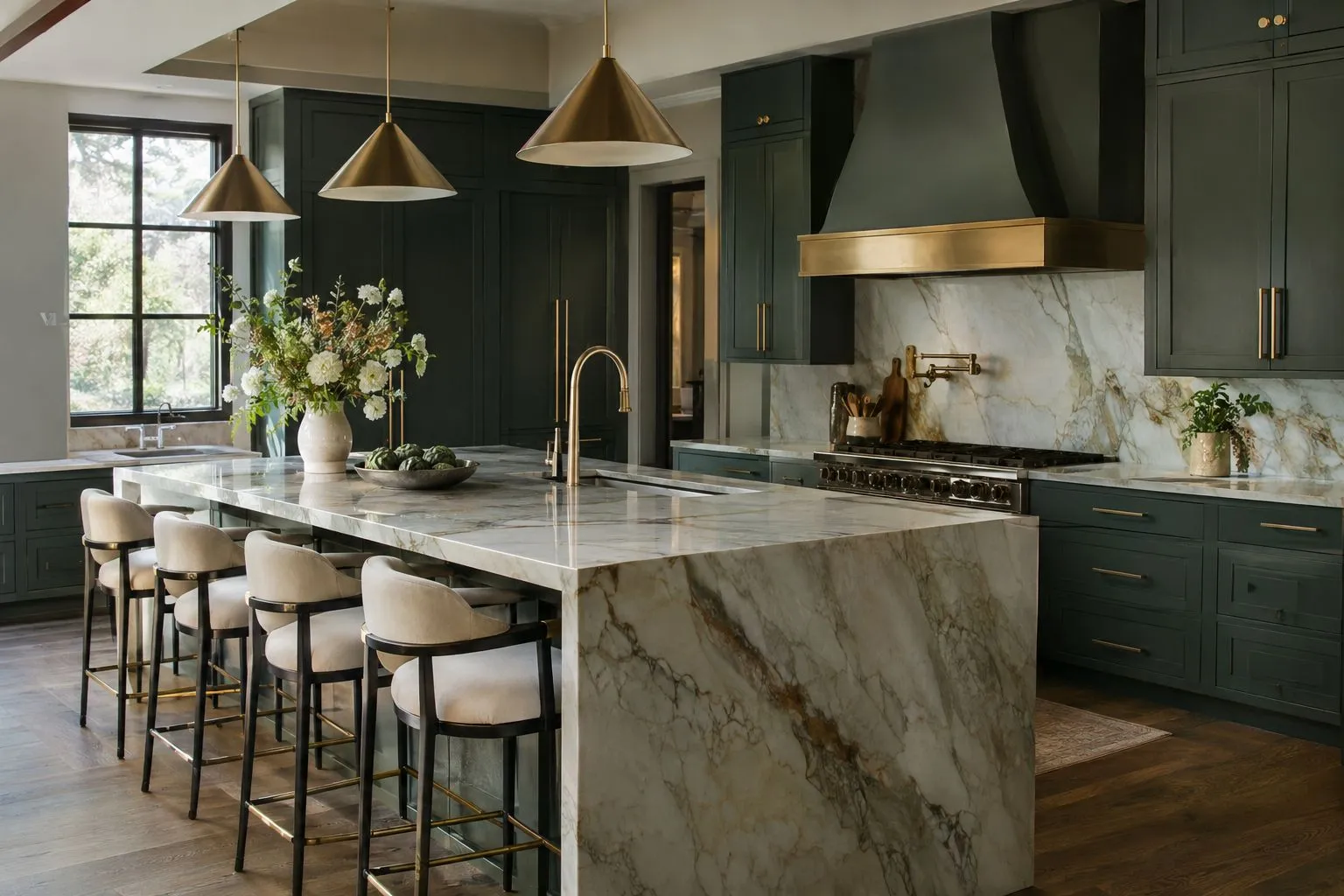 A marble chef's kitchen with a large island and brass pendant lights