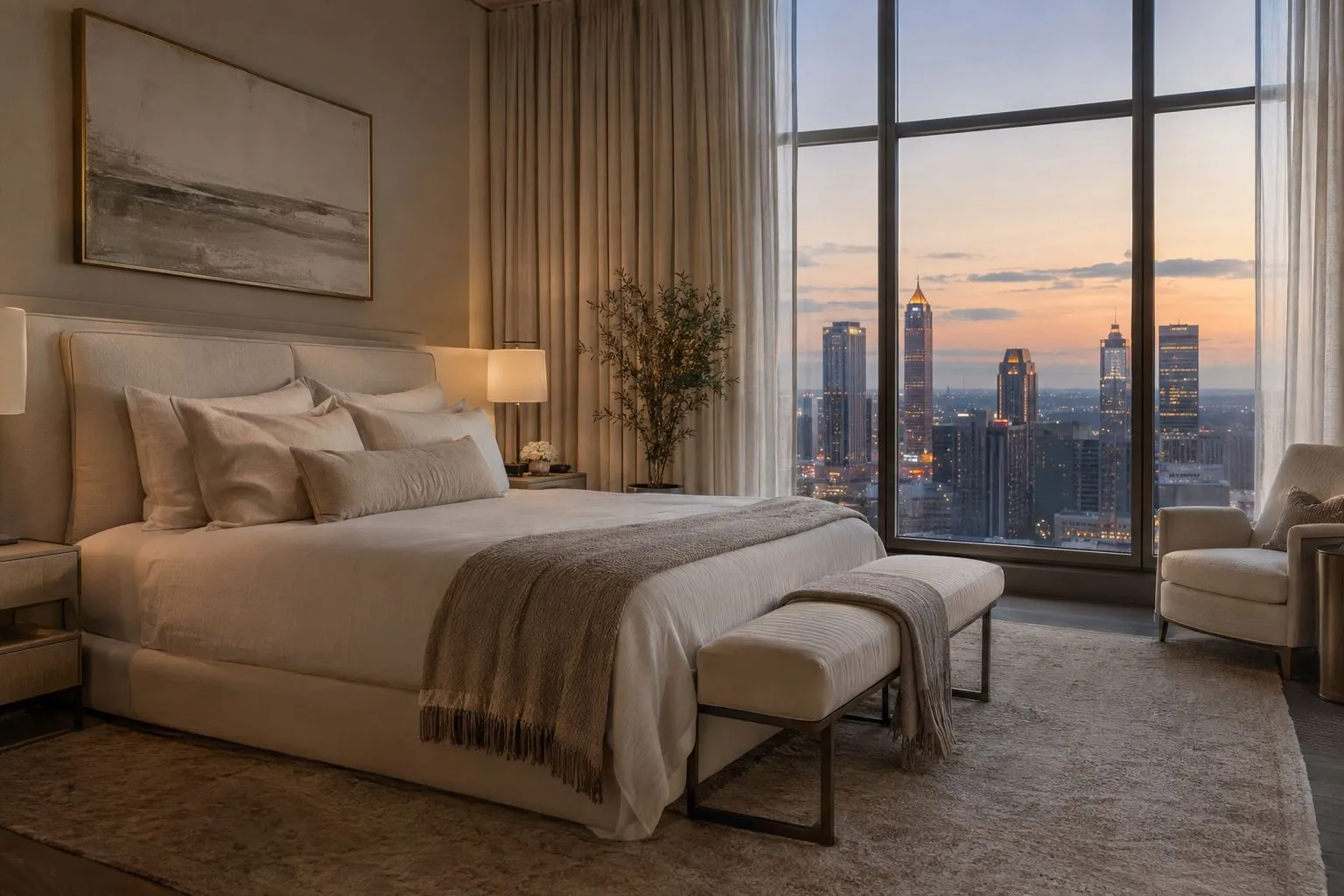 A penthouse bedroom with floor-to-ceiling windows facing the skyline