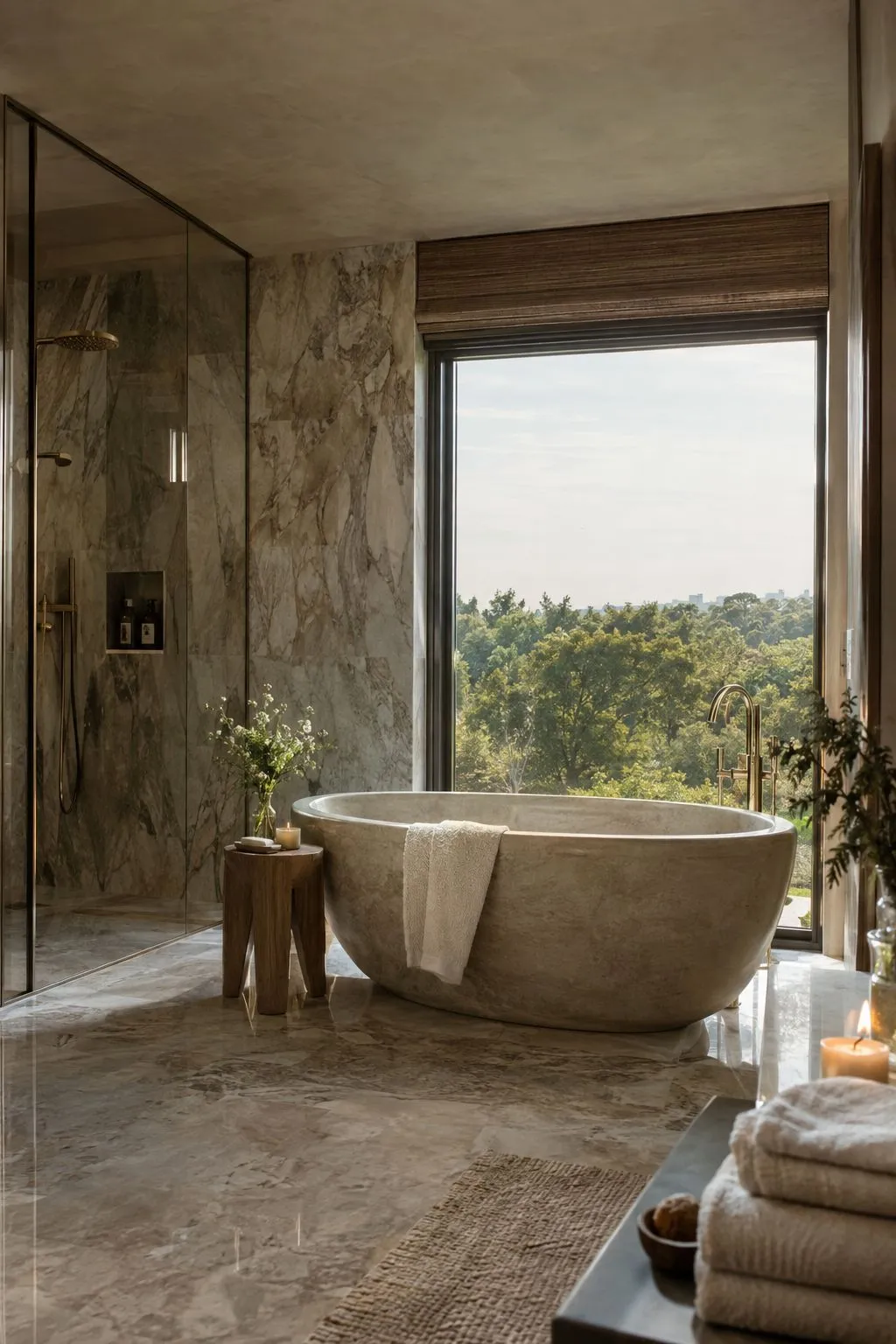 A stone spa bathroom with a soaking tub and treetop views