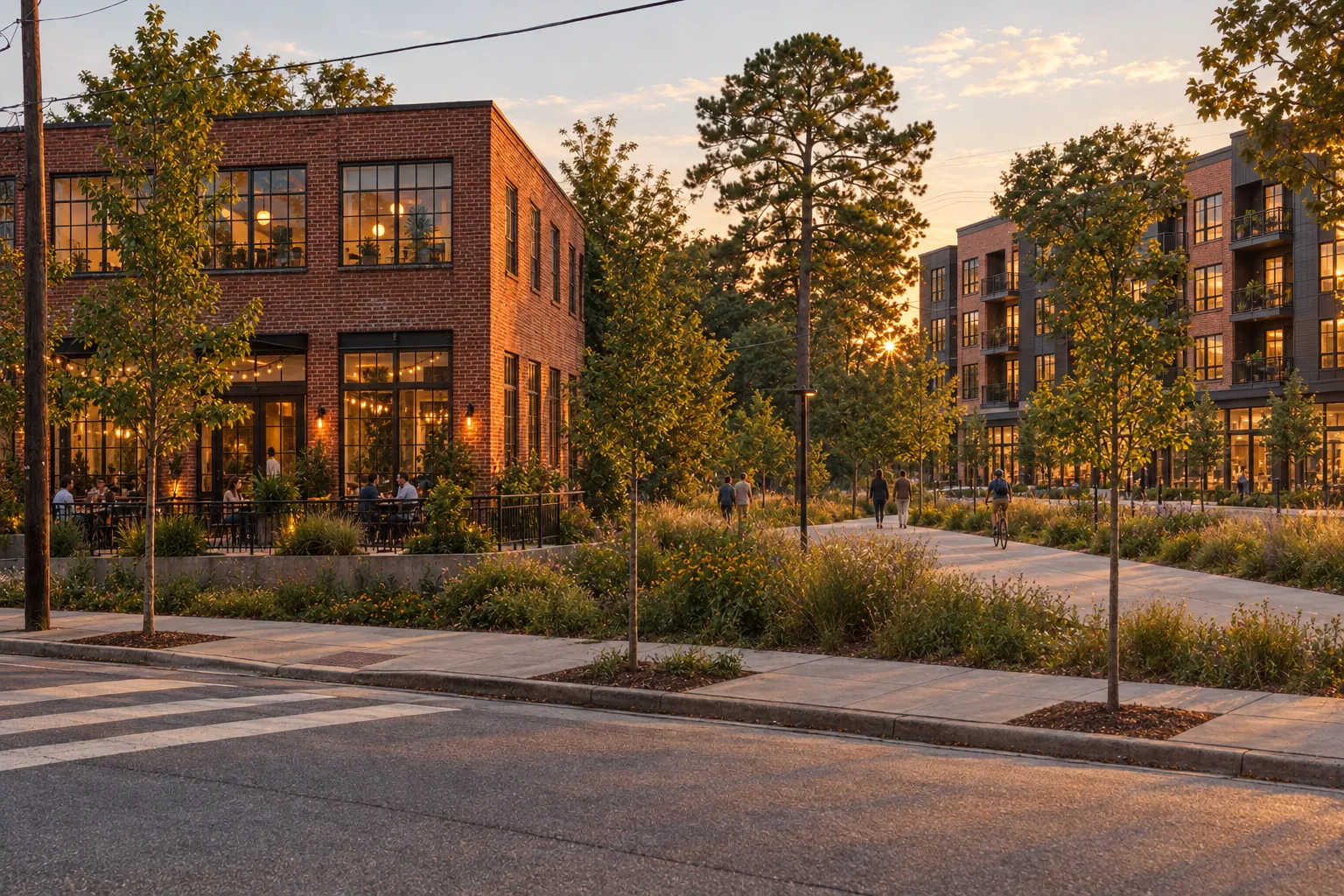 The same corner years later with the warehouse restored as lofts and a cafe, a new mixed-use building and a busy multi-use trail