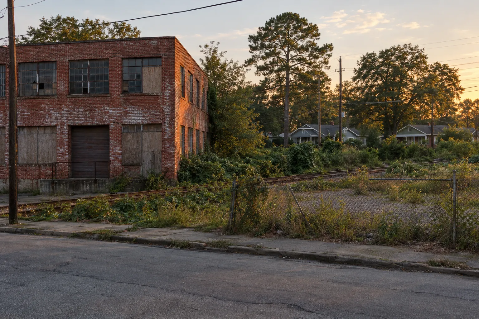 An intown Atlanta corner with a vacant brick warehouse, an empty gravel lot and an overgrown rail corridor