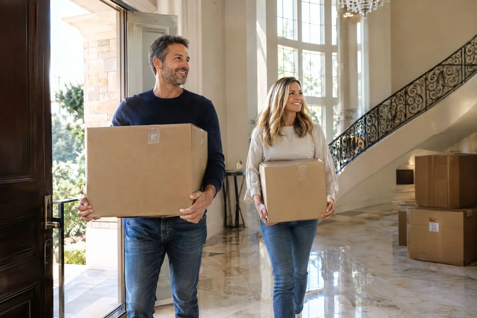 A couple carrying moving boxes through the entry of their home