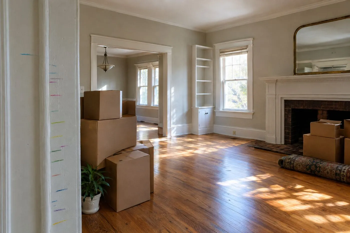 Moving boxes stacked in an empty living room with a fireplace