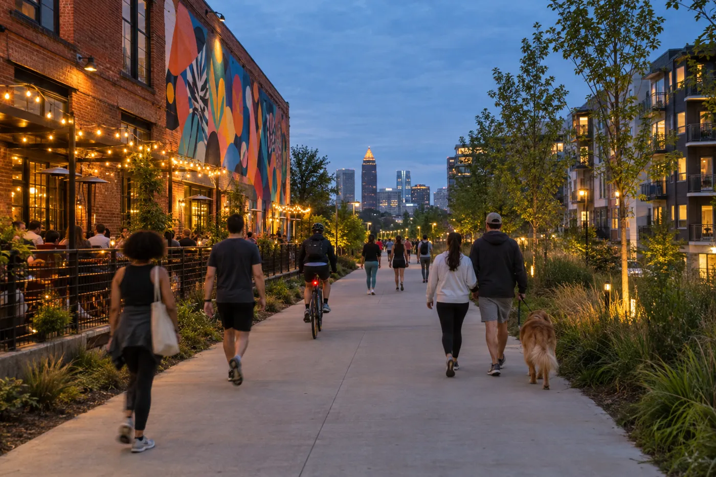 People walking and cycling on a Beltline-style trail at dusk beside a converted brick warehouse