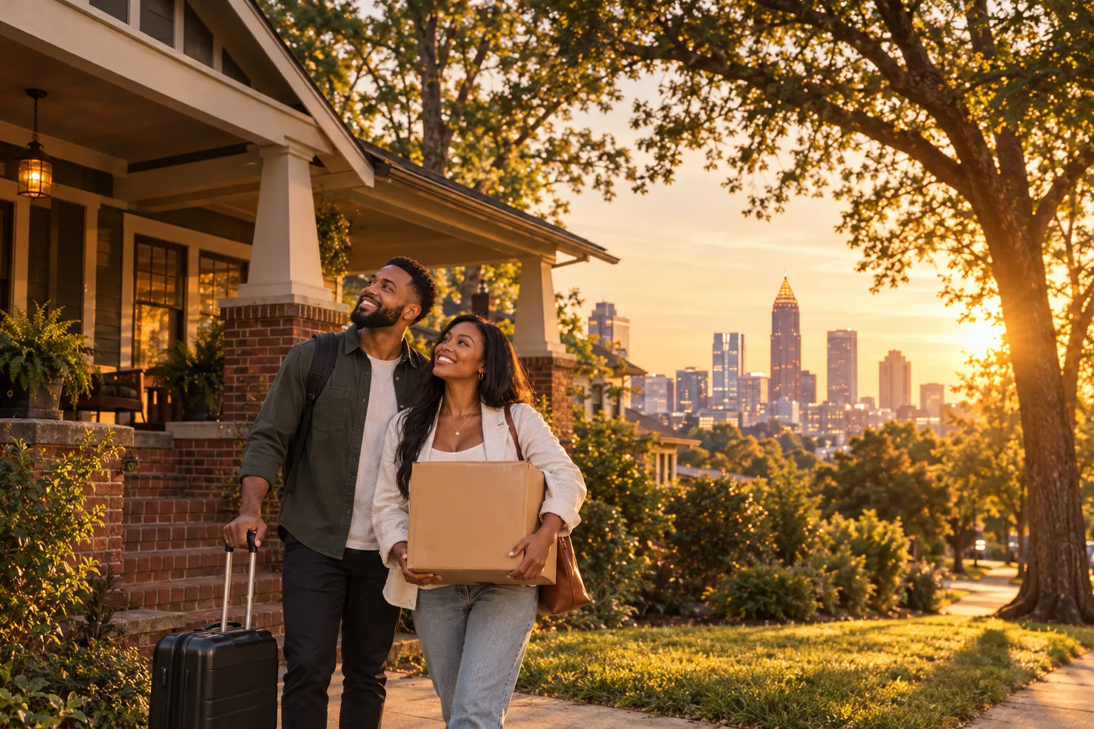 A couple carrying a moving box and suitcase up the walk of a craftsman bungalow with the Atlanta skyline behind them at golden hour