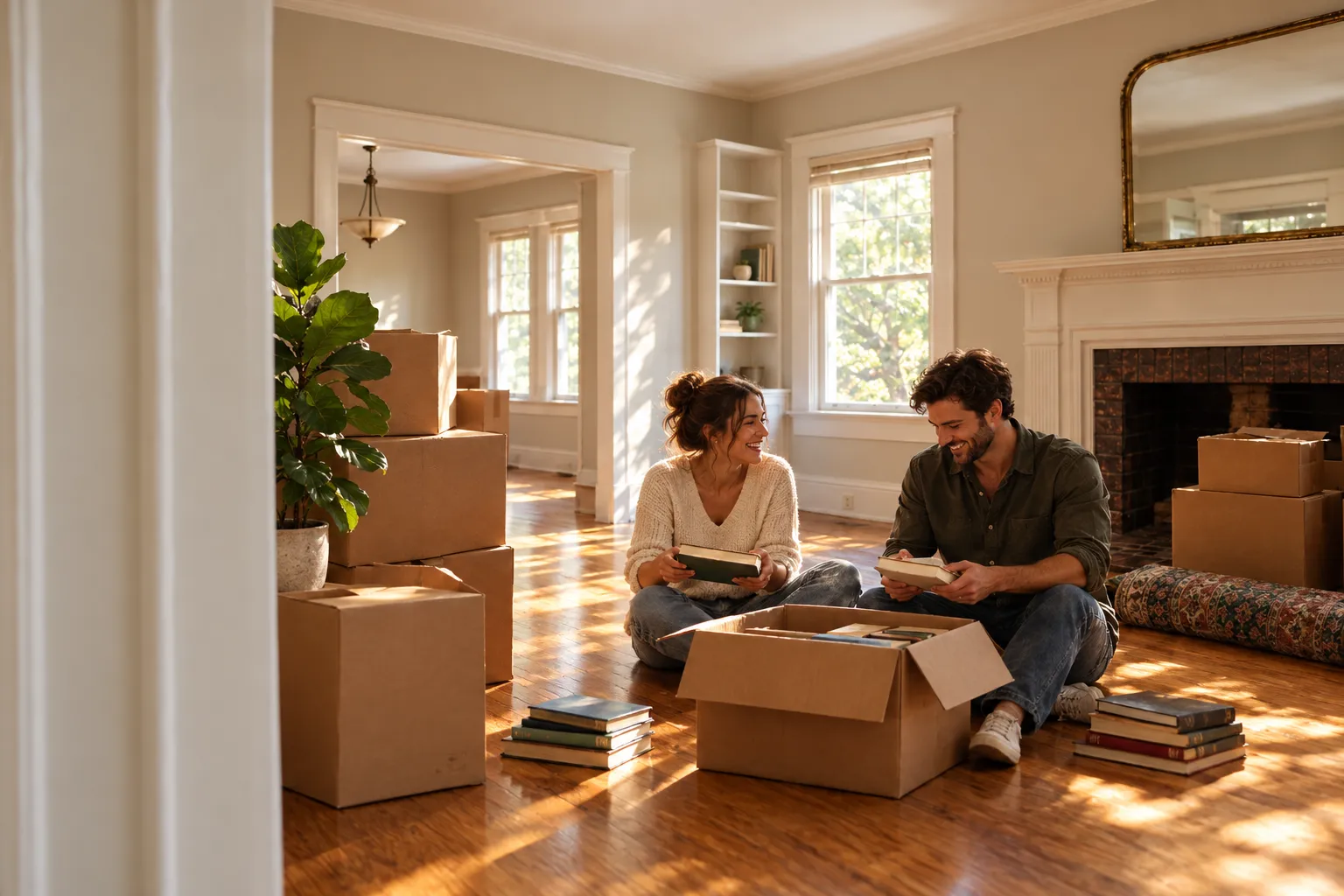 A couple sitting on hardwood floors unpacking books among moving boxes in a sunlit Atlanta living room