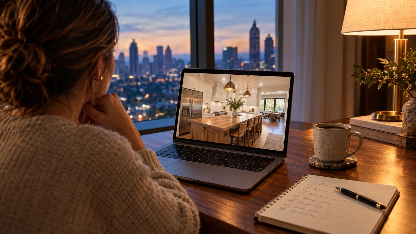 A woman at a desk watching a live video tour of an Atlanta kitchen on her laptop, with a notepad and coffee beside her
